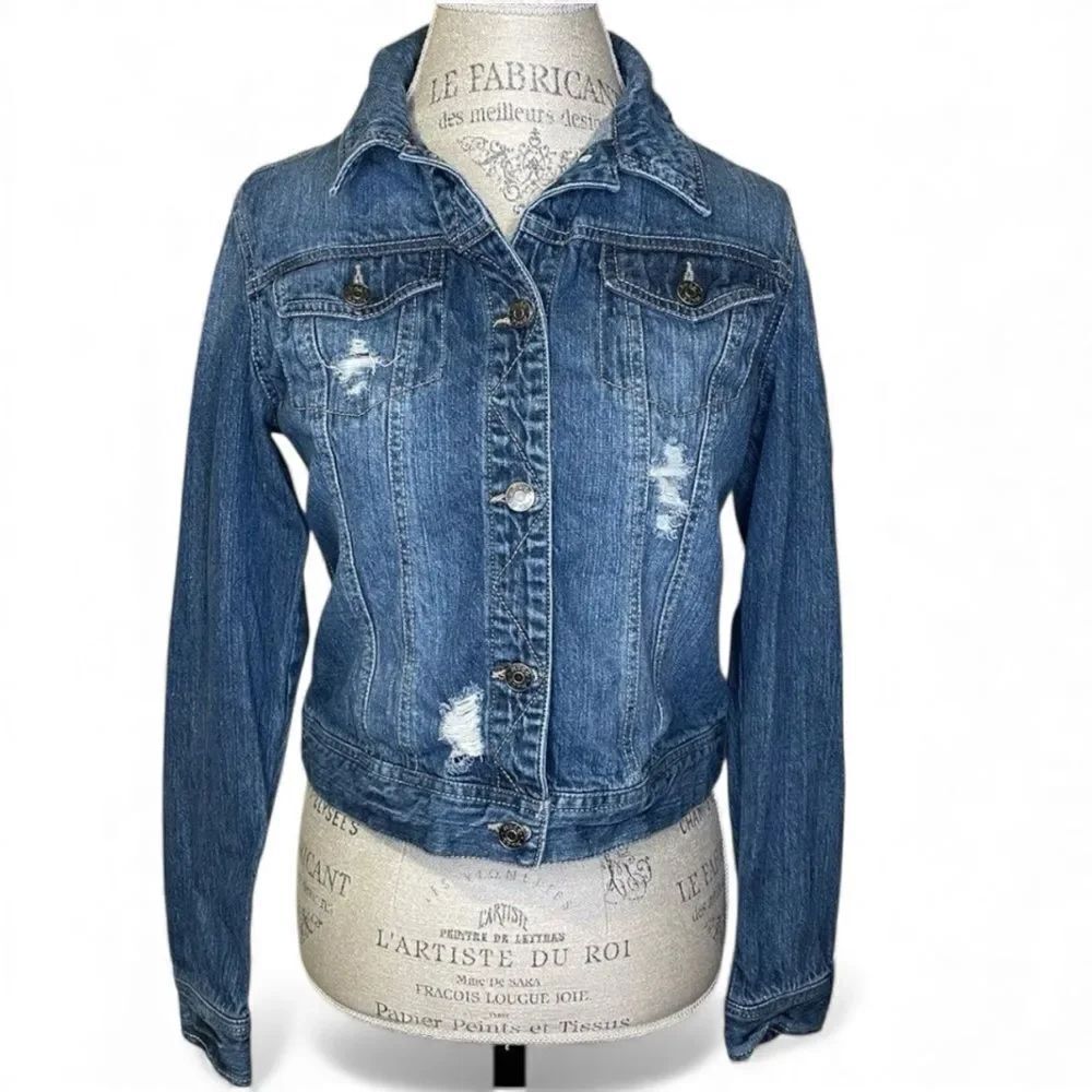 Mudd Distressed Button Up Denim Jacket Blue Size Large